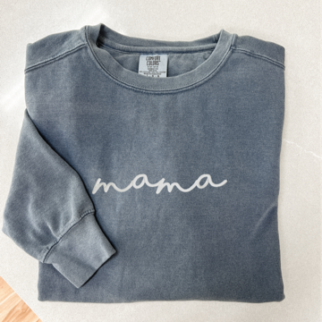 "mama" Script Denim Blue Crewneck Sweatshirt - Nottingham Embroidery