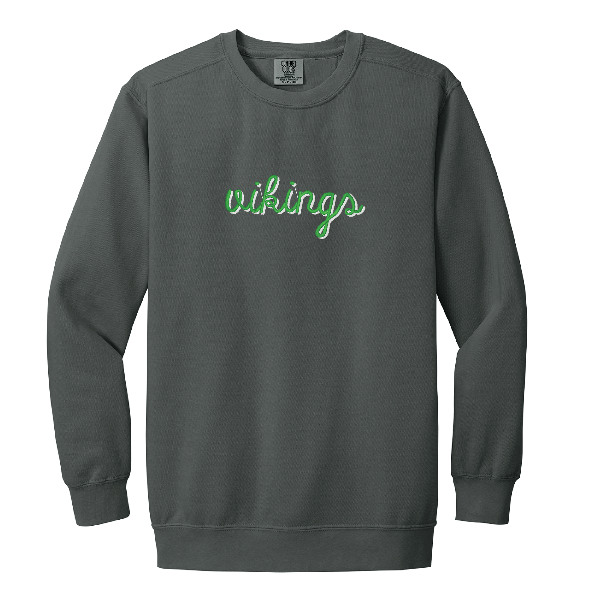 Valparaiso | Embroidered Vikings Script Crewneck - Nottingham Embroidery