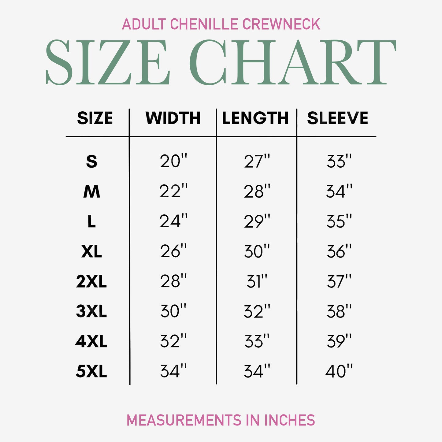 chenille crewneck size chart