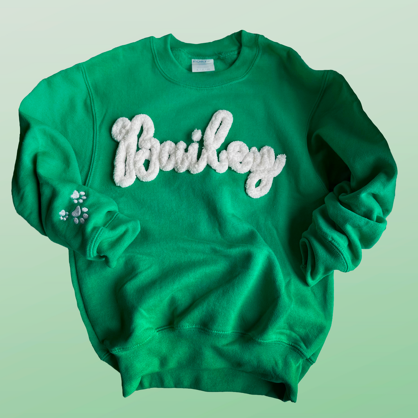 irish kelly green youth crewneck sweatshirt with white embroidered yarn bailey chenille