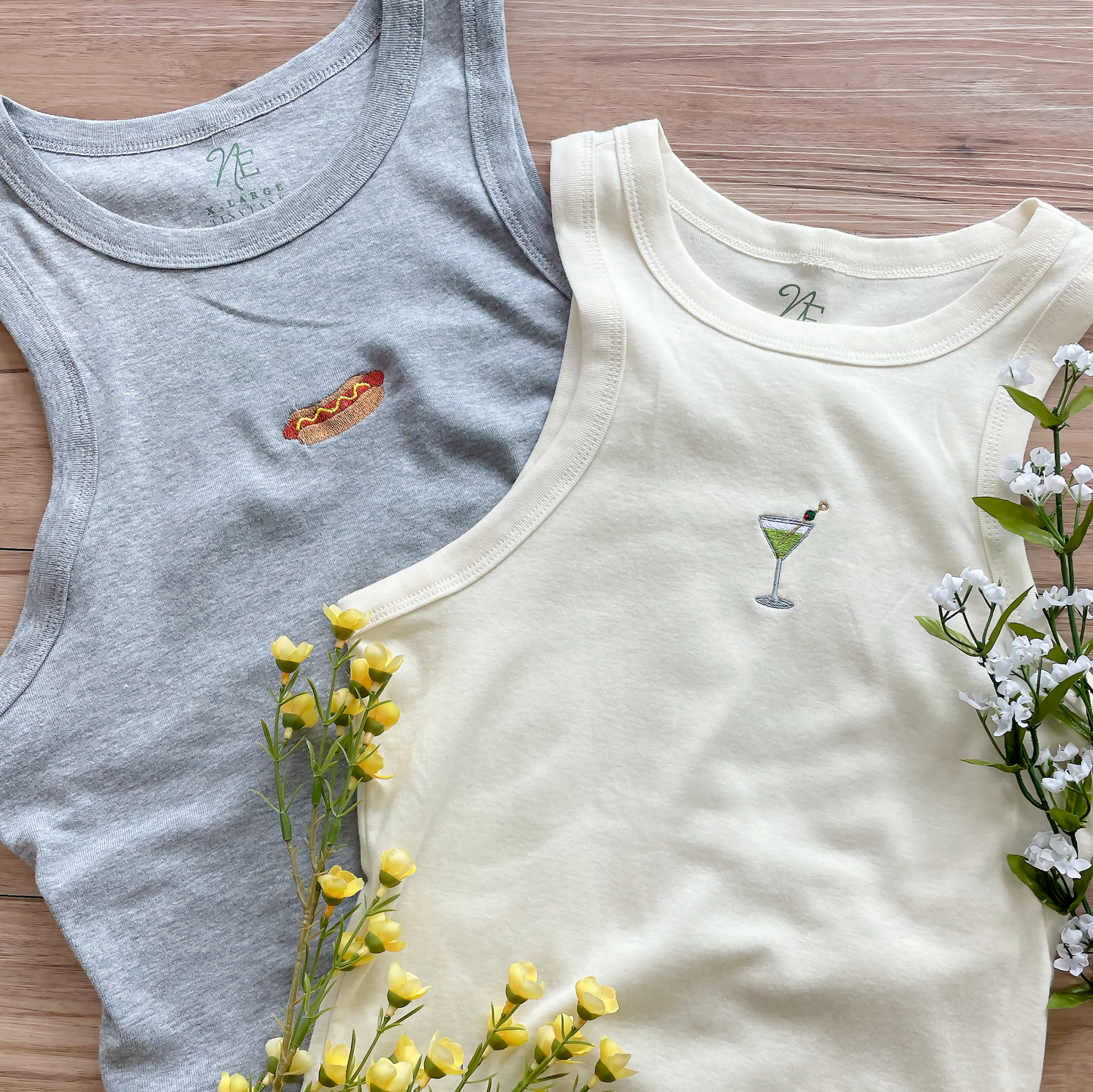 Hot dog embroidered tank top, dirty martini embroidered tank top