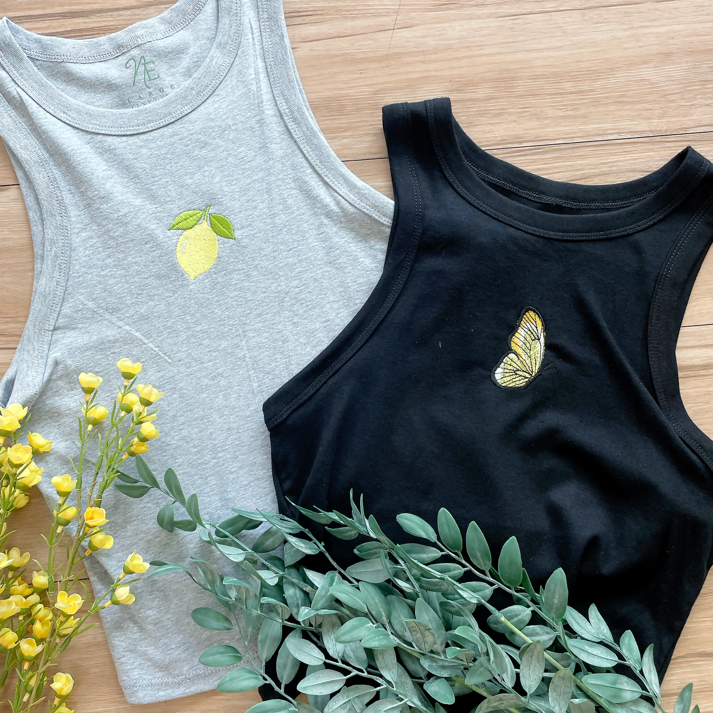 Lemon embroidered tank top, butterfly embroidered tank top