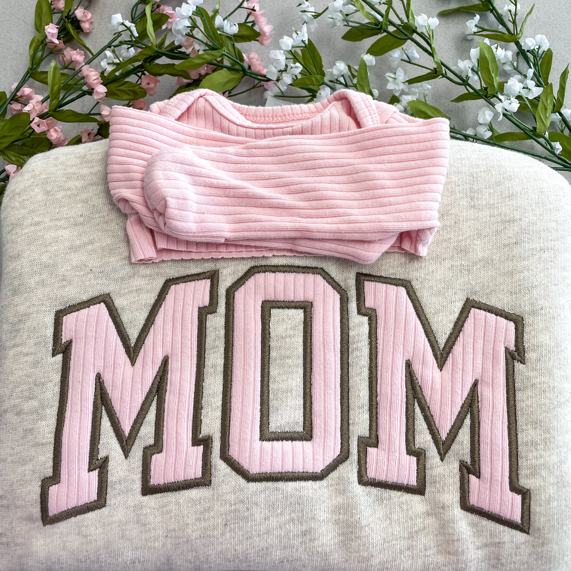 MOM + MAMA Baby Fabric Appliqué Crewneck Sweatshirt - Nottingham Embroidery