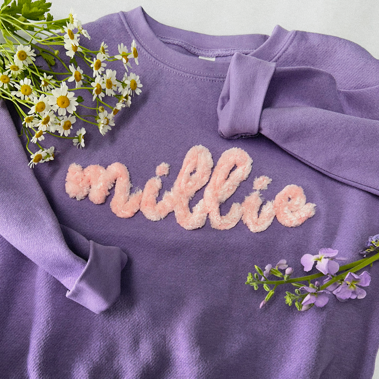 purple lavender toddler crewneck sweatshirt with light pink embroidered yarn millie chenille