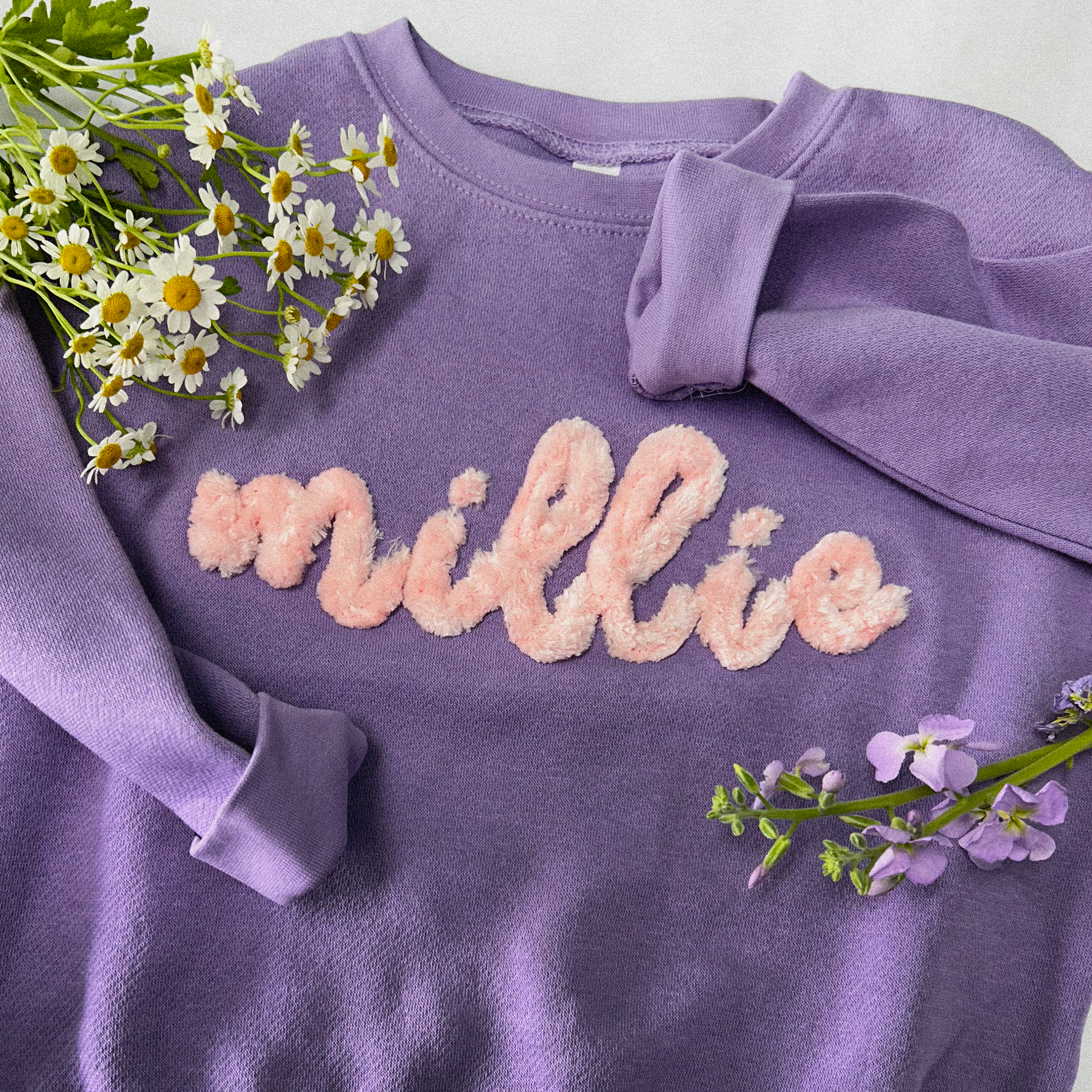 purple lavender toddler crewneck sweatshirt with light pink embroidered yarn millie chenille
