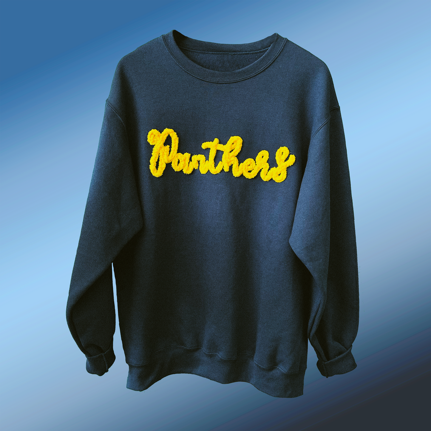 navy blue crewneck sweatshirt with yellow embroidered yarn panthers chenille