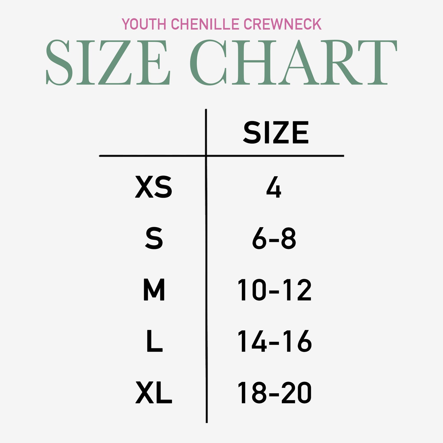 chenille crewneck size chart