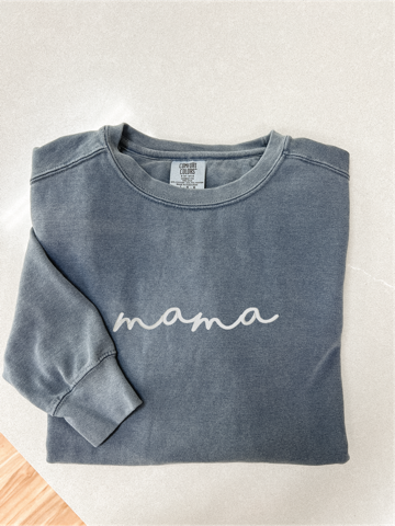 "mama" Script Denim Blue Crewneck Sweatshirt - Nottingham Embroidery