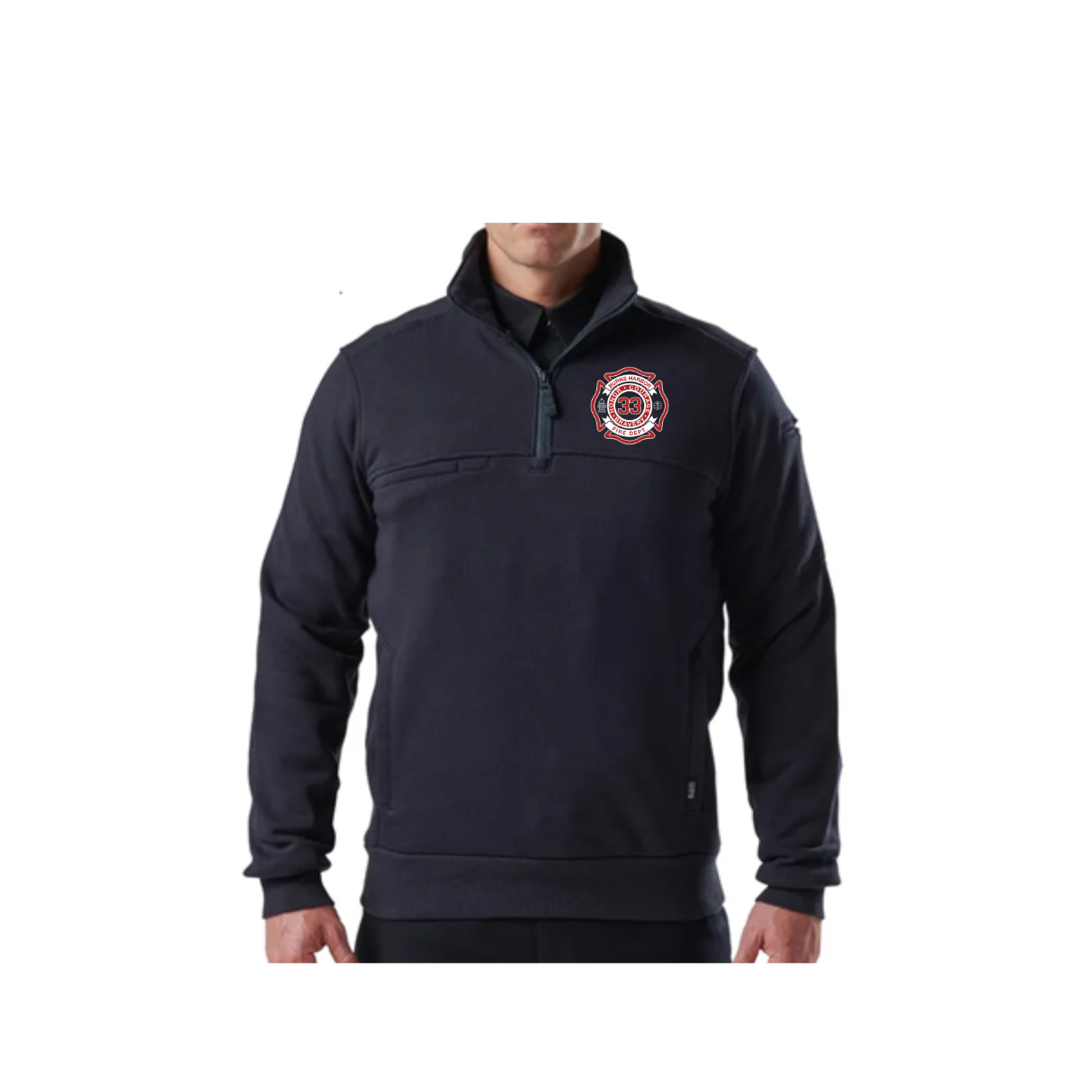 Black pullover with a logo on the chest against a white background