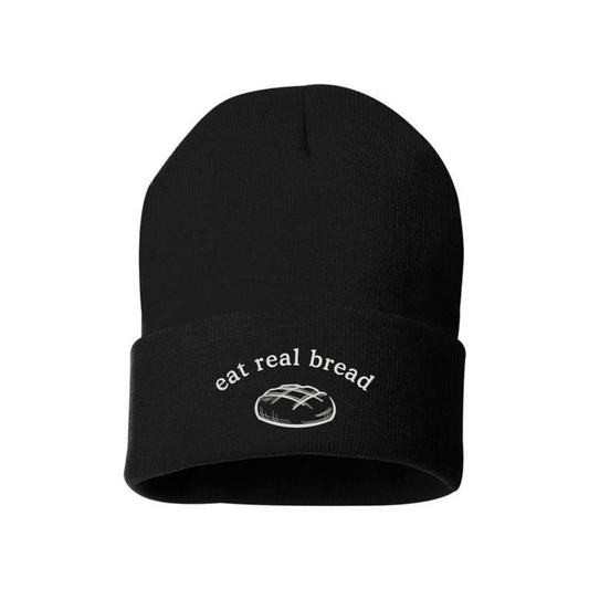 "eat real bread" Black Cuffed Beanie - Nottingham Embroidery