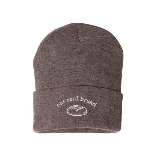 "eat real bread" Heather Brown Cuffed Beanie - Nottingham Embroidery