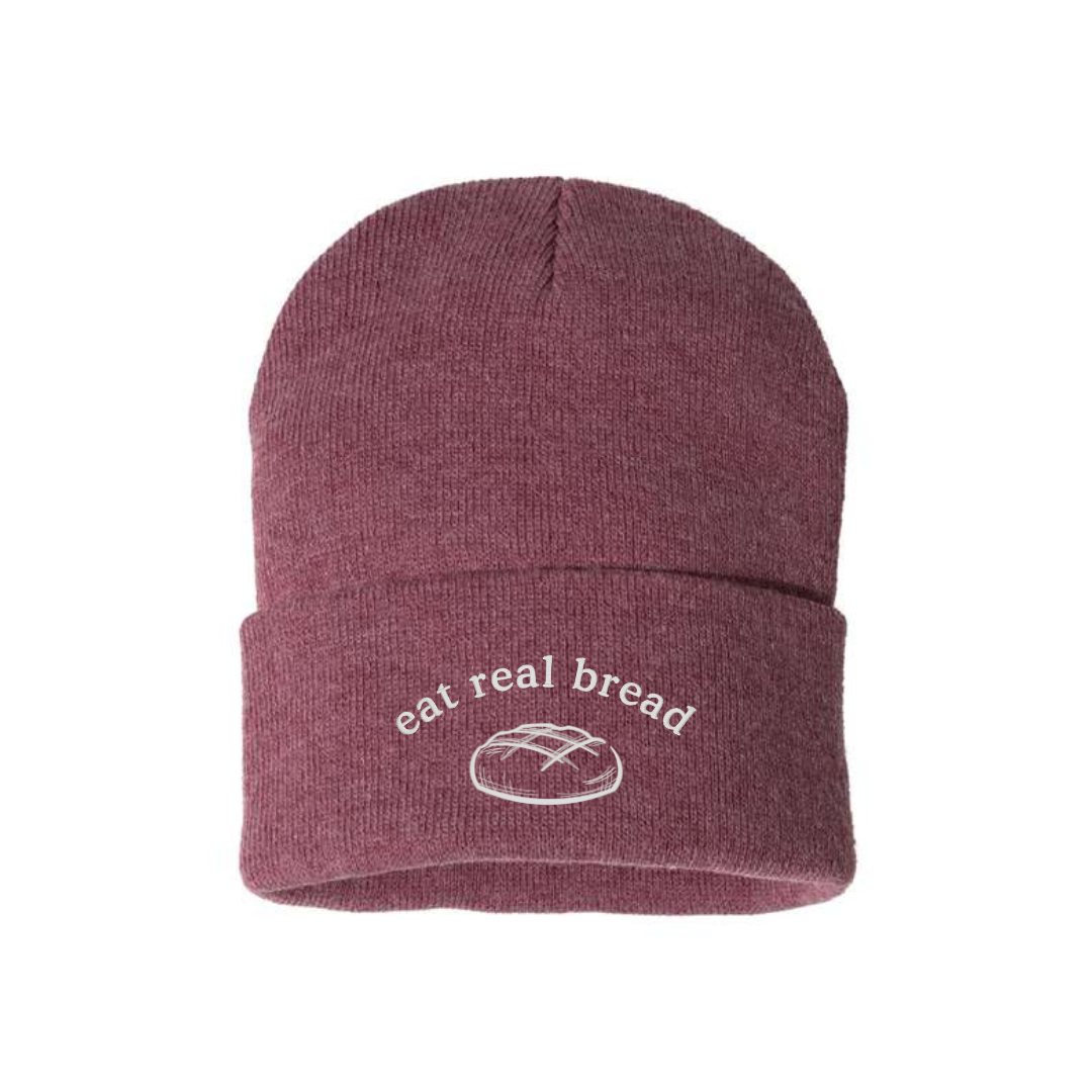 "eat real bread" Heather Maroon Cuffed Beanie - Nottingham Embroidery