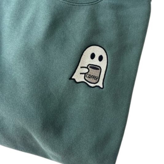 Cute Ghost with Coffee Mug Halloween Crewneck Sweatshirt - Nottingham Embroidery