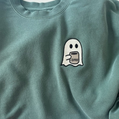 Cute Ghost with Coffee Mug Halloween Crewneck Sweatshirt - Nottingham Embroidery