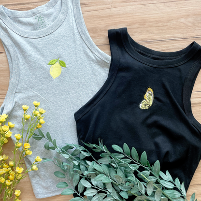 Lemon embroidered tank top, butterfly embroidered tank top