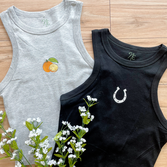Orange embroidered tank top, Horseshoe embroidered tank top