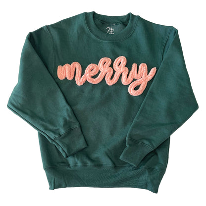 Christmas: Merry Chenillé Crewneck | Embroidered Yarn Sweatshirt